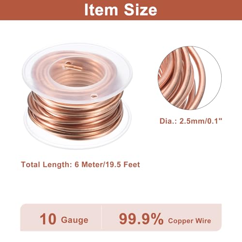 uxcell Soft Copper Wire (10 Gauge, 19.5 FT), 99.9% Pure Bare Copper Wire 2.5mm Solid Craft Wire for DIY Crafting Gardening Decoration (6Meter) - size: 10 Gauge x 19.5 FT