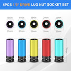 5PCS 1/2" Drive Wheel Protector Impact Socket, Non-Marring Lug Nut Deep Socket Set, CR-MO, 6 Point, Color-Coded Protective Socket | Metric 15 17 19 21 22 mm - size: 1/2" Protective Cover Sockets 5pcs