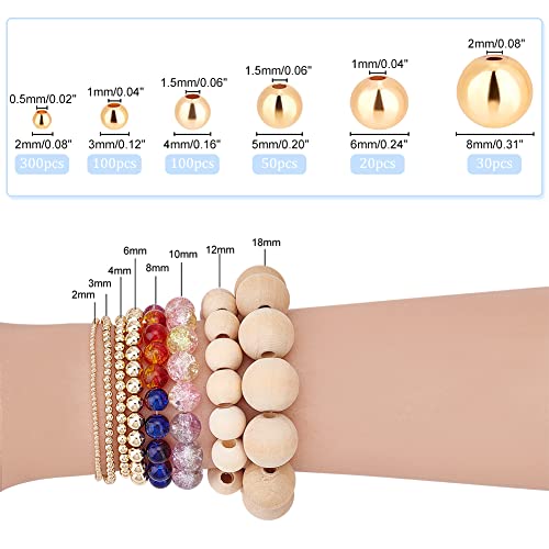 PH PandaHall 600pcs 18k Gold Spacers Beads, 6 Size Little Round Loose Beads Smooth Gold Ball Brass Beads for Summer Hawaii Stackable Necklace, Bracelet, Earring Making (2/3/4/5/6/8mm) - size: 2/3/4/5/6/8mm