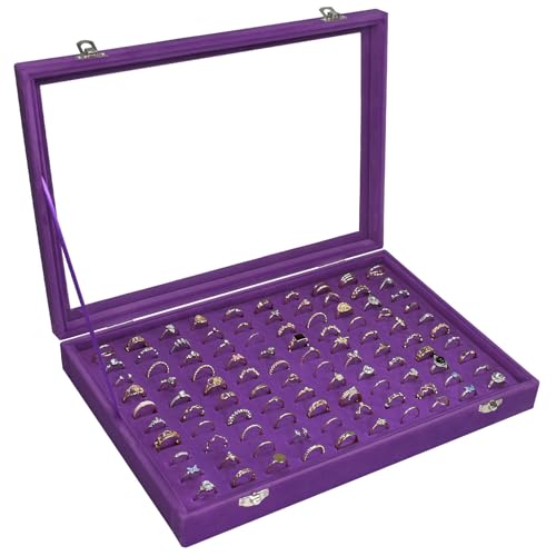 Siveit Ring Display Tray Organizer Box with Transparent Lid, 100 Slot Ring Holder Showcase For Store Display Jewelry Show Home, Ring Organizer For Jewelry Rings, Studs Earrings (Purple) - color: Purple