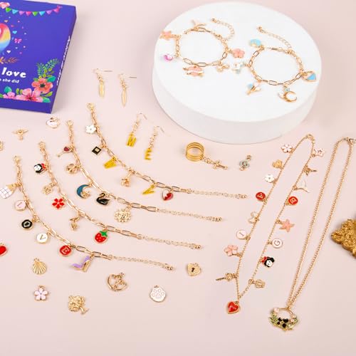 408Pcs Gold Charm Bracelet Making Kit for Girls, Including 12 Bracelet Chains, 152 Charms, 200 Jump Rings, 20 Earing Hook, 2 Necklace, 1 Jewelry Plier for DIY Crafting and Jewelry Making for Adults