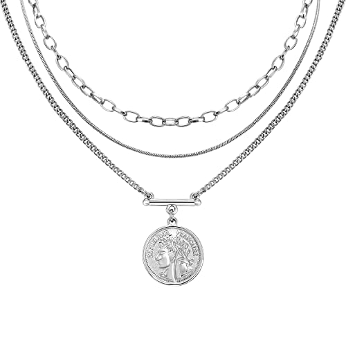 LANE WOODS Gold Plated Necklaces for Women - Multilayer Coin Medallion Pendant Necklace Adjustable Layering Choker Necklaces Chain Set Jewelry - style: Coin Medallion-Silver