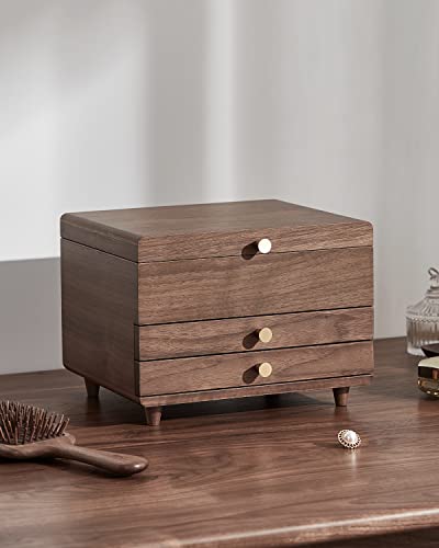 Wooden Jewelry Box, 3 Layer Large Jewelry Organizer for Women, Jewelry Storage, for Necklaces Rings Earring Watches Bracelets, Black Walnut Wood, Mothers Day Gifts for Mom