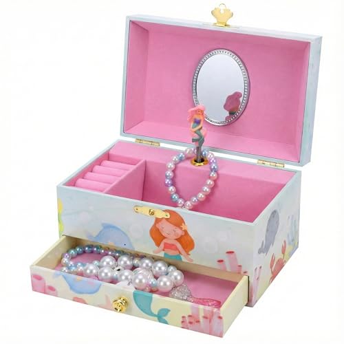 The Memory Building Co Mermaid Musical Jewelry Box Plays Classic Melody, Storage Organizer Music Box for Kids Ages 6-12, MDF Wood w/ 2 Fabric Lined Ring Bracelet Necklace Treasure Compartments - style: Mermaid