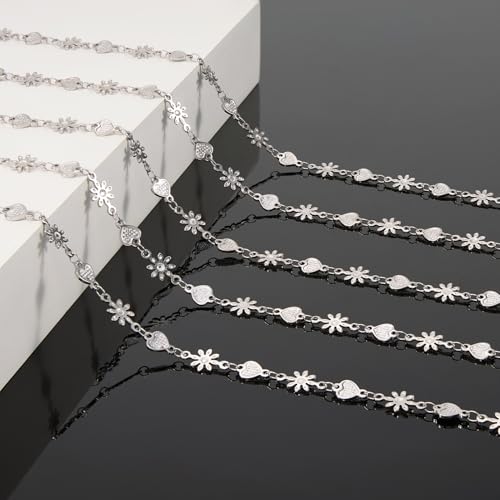 KYUNHOO Beautiful Daisy Flower Chain Roll 13 Feet Embossed Heart Chains for Jewelry Making Stainless Steel Silver Jewelry Supplies for DIY Handcrafts - color: FLower Silver