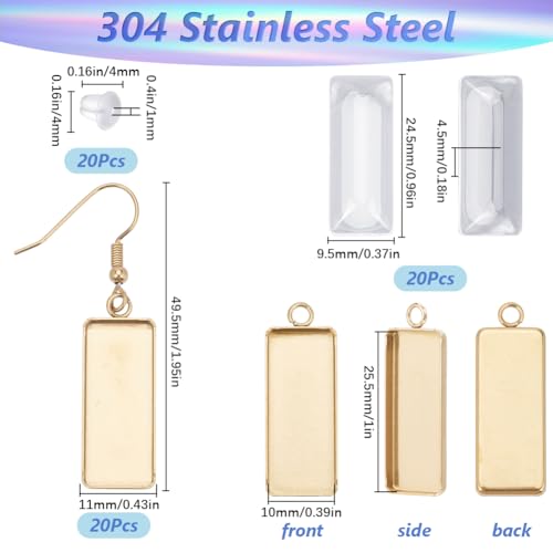 1 Box 60Pcs 20 Sets Gold Bezel Earring Blanks Earrings Wire Hooks Blanks Bezel Trays with 20Pcs 10x25mm Rectangle Glass Cabochon Settings Silicone Earring Backs for Jewelry Making DIY Dangle - style: Style 2