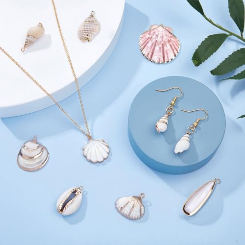 SUNNYCLUE 1 Box 20pcs 10 Styles Natural White Cowrie Seashells Charm Conch Shells Plated Charms Summer Ocean Sea Charm for Jewelry Making Charm Necklace Bracelet Earring Making - color: 1 Box 20pcs Seashell Charms