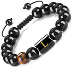 FRG Initials Bracelets for Men Letter Link Handmade Natural Black Onyx Tiger Eye Stone Beads Braided Rope Meaningful Bracelet - style: Braided rope-L