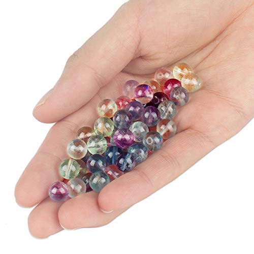 70PCS Natural 8MM Healing Gemstone, Fluorite Energy Stone Round Loose Beads, Semi-Precious Crystal Beads with Free Elastic String for Jewelry Making DIY - color: Fluorite