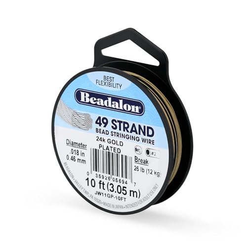 Beadalon 49 Strand Stainless Steel Bead Stringing Wire, .018 in / 0.46 mm, Gold Plated, 10 ft / 3.1 m - color: Gold Plated, style: .018 in / 0.46 mm, 10 ft / 3.1 m