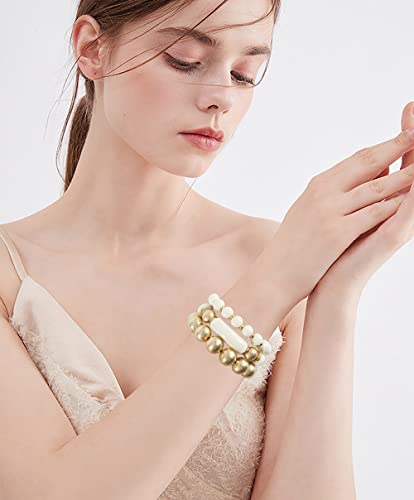 LALAPPLE Gold Plated Beaded Acrylic Bamboo Tube Bangle Bracelets for Women, Colorful Chunky Curved Tube With Gold Plated Pieces Beads Stretch Bracelet Friendship Summer Beach Jewelry - color: A-Ivory-gold beaded 3pcs