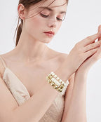 LALAPPLE Gold Plated Beaded Acrylic Bamboo Tube Bangle Bracelets for Women, Colorful Chunky Curved Tube With Gold Plated Pieces Beads Stretch Bracelet Friendship Summer Beach Jewelry - color: A-Ivory-gold beaded 3pcs
