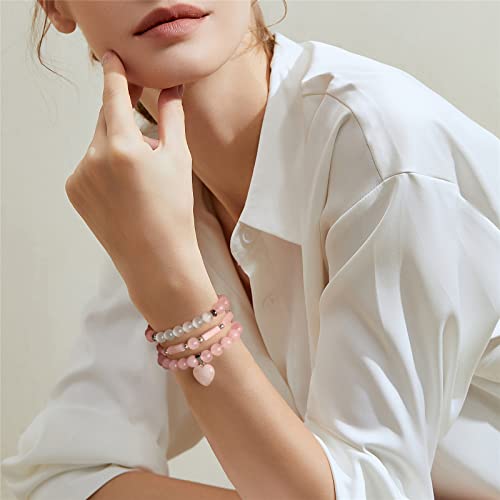 Vinswet Healing Crystal Beaded Bracelets for Women,Natural Amethyst Gemstones Bracelet,Anxiety Stress Relief Heart Charm Bracelet Handmade purple Jewelry Gifts for Women - color: Rose Quartz&Moonstone