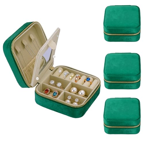 4PC Travel Jewelry Case for Women, 3.93" × 3.93" Portable Small Velvet Jewelry Organizer Travel with Mirror, Mini Jewelry Box for Earrings, Rings, Necklaces (Dark Green) - color: 4pc Green