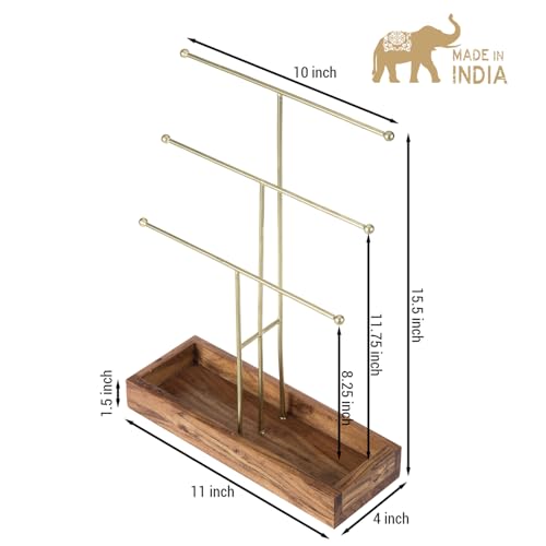 MyGift Handmade 3-Tier Brass Metal Jewelry Tree Organizer Stand and Ring Tray with Solid Acacia Wood Base, T Bar Necklace and Bracelet Display Rack, Handcrafted in India