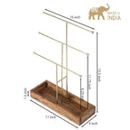 MyGift Handmade 3-Tier Brass Metal Jewelry Tree Organizer Stand and Ring Tray with Solid Acacia Wood Base, T Bar Necklace and Bracelet Display Rack, Handcrafted in India