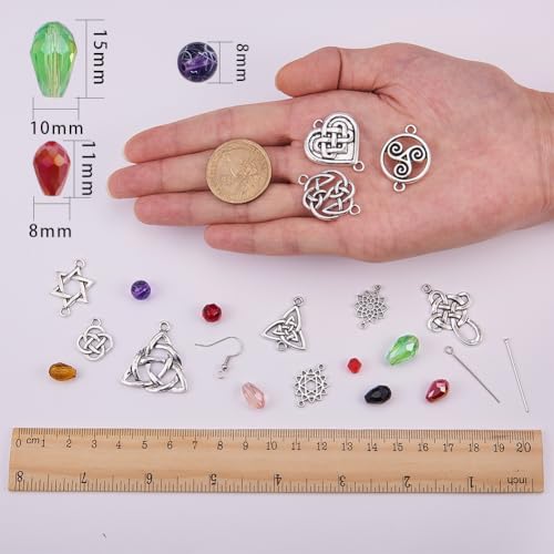 SUNNYCLUE 1 Box DIY 10 Pairs Celtic Knot Dangle Earring Making Kit Celtic Knot Connect Charms Findings Irish Wiccan Flower Star Triangle Heart Love with Beads Earring Hooks Instruction for Beginners - color: Sliver