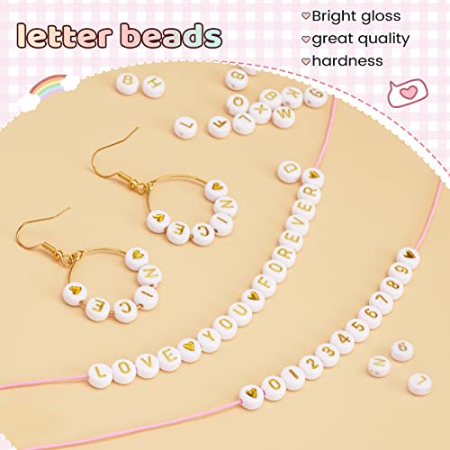 FZIIVQU 1400 Pcs Letter Beads Kit, 28 Styles White Acrylic Alphabet Letter Beads for Jewelry Making wiht Number Heart Bead Friendship Bracelet Kit - color: Golden Alphabet & White Base, size: 4*7mm