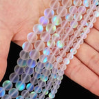 6MM/8MM/10MM-Matte White Aurora Crystal Glass Beads, Frosted Glitter Shining Mermaid Round Loose Beads, Rainbow Holographic Synthetic Moonstone for Jewelry Making DIY Bracelet (6MM) - size: 6MM