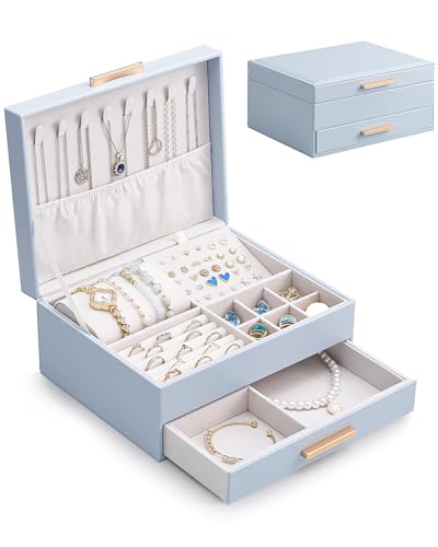 Lolalet 2-Layer Jewelry Box Organizer for Women Girls, Jewelry Storage Case Holder with Drawers for Necklaces Ring Earrings Bracelet Watch, Gifts Choice for Mom Mother’s Day -Blue - color: Blue