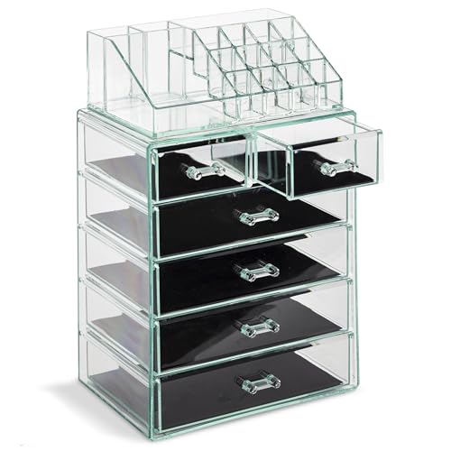 Sorbus Acrylic Makeup Organizer Set, 6-Drawer Vanity & Countertop Cosmetic Storage with Small & Wide Compartments, Teal Thrill Makeup Storage for Brushes, Jewelry – Holiday Gift for Women & Teens - color: Teal Thrill, size: 4 Large, 2 Small Drawers