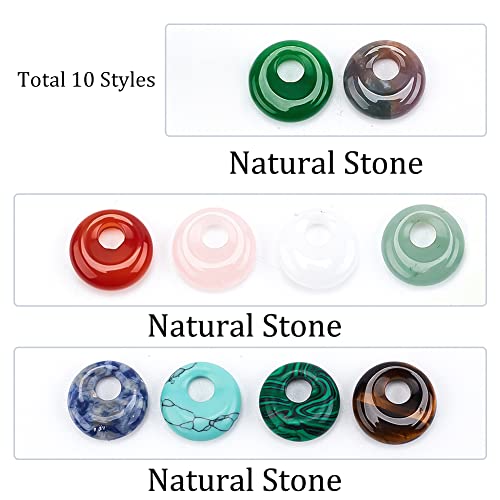 NBEADS 10 Pcs 10 Styles Natural Donut Gemstone Charms, 17.5mm Flat Round Mixed Natural and Synthetic Donut Stone Beads Pendants Natural Stone Pendant for Jewelry Making, Hole: 5.5mm - color: 10 Pcs 10 Styles Stone B