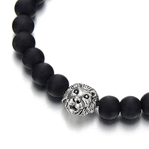 COOLSTEELANDBEYOND Lion Head Mens 8MM Black Onyx Beads Bangle Link Bracelet, Prayer Mala