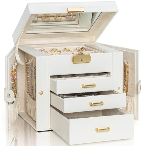 AKOZLIN 4-Tier Jewelry Box Leather Jewelry Storage Organizer with 3 Drawers Lockable for Women Girls Ring Necklace Earring Bracelet Holder with Mirror White - color: White-gold, size: Regular-4 Layer