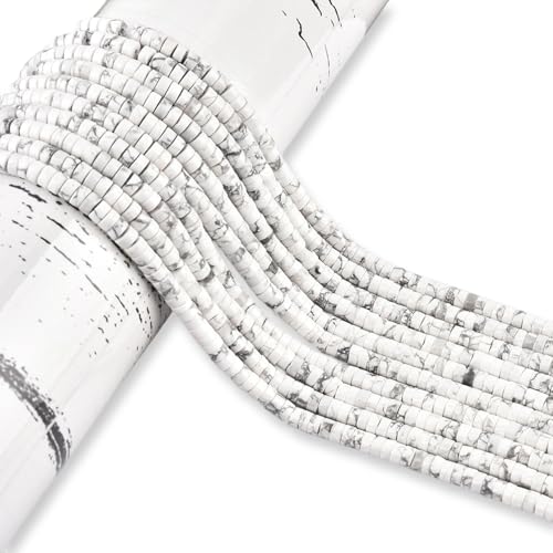300pcs Natural White Howlite Heishi Spacer Beads 2x4mm Genuine Real Disc Stone Beading DIY Charm Smooth Loose Gemstone Beads for Jewelry Making Bracelets Necklaces Earrings Crafts - color: White Howlite