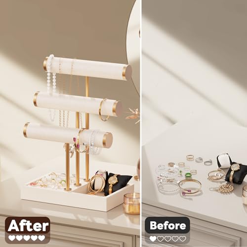 Abiglifty 3 Tier Necklace Holder Display, Jewelry Organizer, Jewelry Stand, Bracelet Display, Necklace Organizer, Bracelet holder, Jewelry Display for Necklace, Watches, Rings, Beige - color: Beige