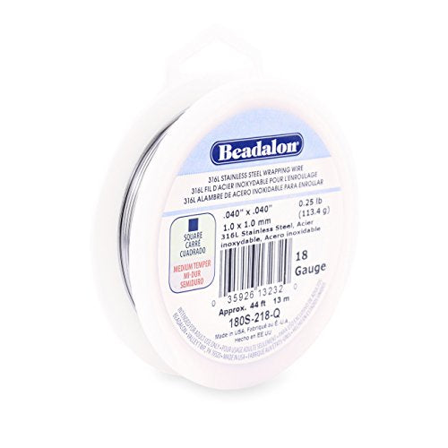 Beadalon 180S-218-Q 316L Stainless Steel Wrapping Wire-Square, 18 Gauge/1/4 lb Spool