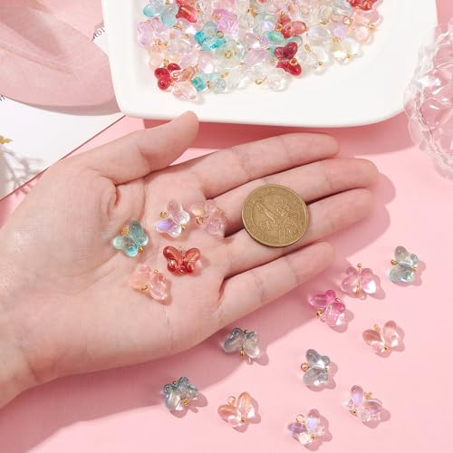 Ipotkitt 100 Pcs 5 Colors Baking Paint Glass Butterfly Charms with Glitter Powder Colorful Crystal Animal Charms for Earrings Bracelets Necklace DIY Craft Jewelry Making - color: 100pcs-Butterfly Charms-12x14x5.5mm