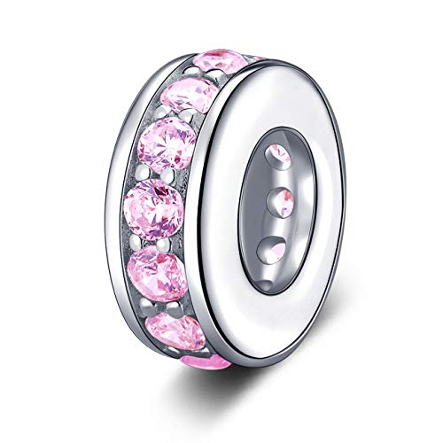 925 Sterling Silver Spacer Charm Bead with Clear CZ for Pandora Charms Bracelets - color: Pink