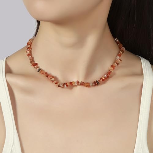 Raw Crystal Necklaces for Women 5-8mm Handmade Natural Stone Necklace Beaded Choker Necklace Healing Crystal Necklace Gemstone Necklace Raw Crystal Beaded Necklace for Her - style: Carnelian
