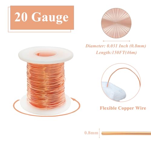 99.95% Bare Copper Wire 20Gauge (0.031") 150ft (46mm) Copper Wire for electroculture Gardening, Bonsai, Jewelry Making Beading Garden Plants,Ground Wire & DIY Craft (20Gauge,150FT)