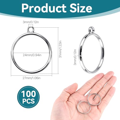 100 Pcs Round Open Bezel Pendants, 31x27mm Open Bezels for Resin Jewelry Making, Alloy Hollow Frames Silver Round Open Bezels for DIY Crafts, Keychain, Necklace, Earring Findings