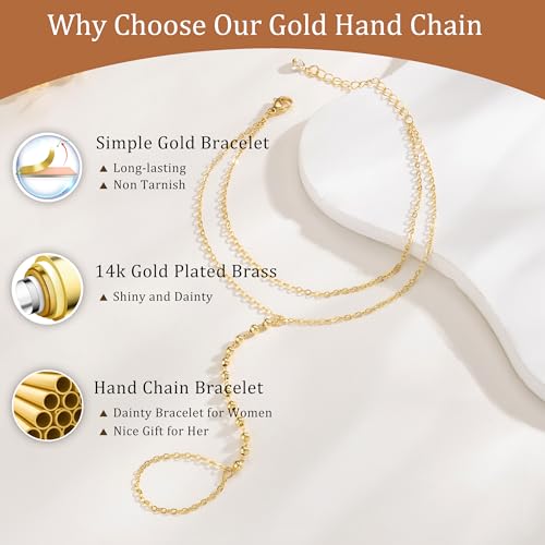 CHESKY 14K Gold Plated Hand Chain Bracelets for Women Set - Dainty Finger Ring Bracelet Stack Adjustable Hand Chains Durable Beaded Bracelets Trendy Simple Body Jewelry Gift for Women - style: 3beaded bracelet-gd