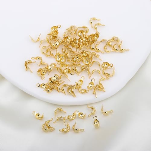 100 Pcs 18K Gold Crimp Beads for Jewelry Making - 4mm Crimp Bead Covers, Knot Covers for Jewelry Making, Knot Covers Clamshell Fold-Over Bead Covers for DIY Bracelets Necklaces - color: Gold