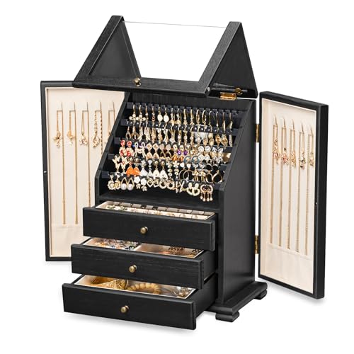 Jewelry Box Organizer, Rustic Wooden Jewelry Boxes for Women Girls, Large Storage Earring Holder Organizer Display for Earrings Necklaces Rings Bracelets (Black) - color: Black