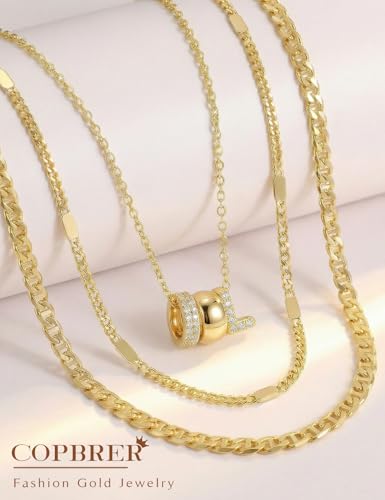 Layered Gold Necklaces for Women, 14K Gold Plated Dainty Cubic Zirconia Rondelle Initial Pendant Necklace, Chunky Stackable Mariner Chain Choker, Trendy Personalized Name Jewelry Gifts for Women - style: Letter L