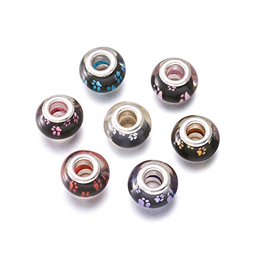Cheriswelry 100pcs Large Hole Dog Paw Prints Pattern Acrylic European Rondelle Beads Slide Charms Loose Spacer with Metal Double Cores Fit Snake Chains European Bracelet 14x9mm for DIY Jewelry Making - color: Rondelle-Colorful Dog Paw Prints
