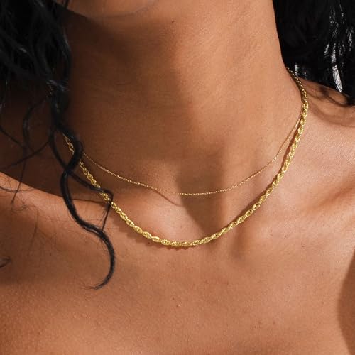 Gold Layered Necklaces for Women, 14K Gold Plated Dainty Gold Chain Choker Necklace Stack, Herringbone Gold Necklaces Set - color: gold-3-Flower