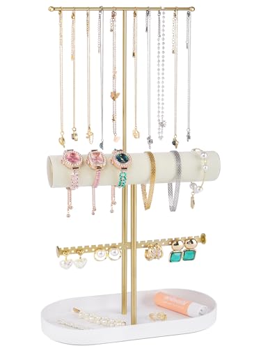 Jenseits 2-Tier Gold Jewelry Organizer Stand with Ring Holder & Tray – Elegant Jewelry Holder Display for Necklaces, Bracelets, Earrings, Rings, and Watches – Perfect Storage Rack & Gift for Women - color: Gold