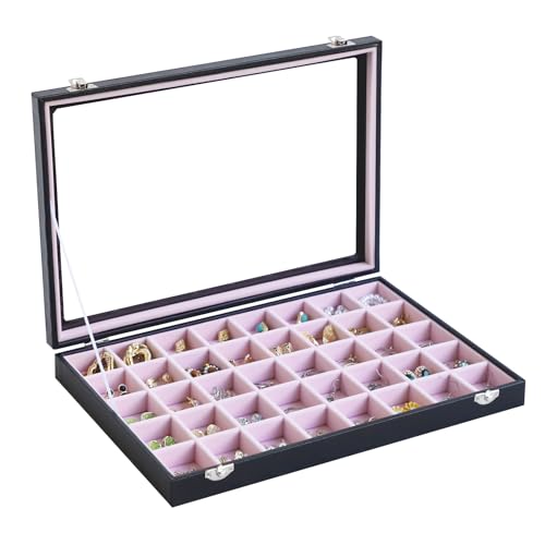 Stratalife Jewelry Organizer 40 Grid Pink Black Jewelry Tray with Clear Dust-proof Lid Velvet Earring Organizer Necklace Rings Holder Display Drawer Storage Case for Women - color: Pink-Black, size: 40 Grid