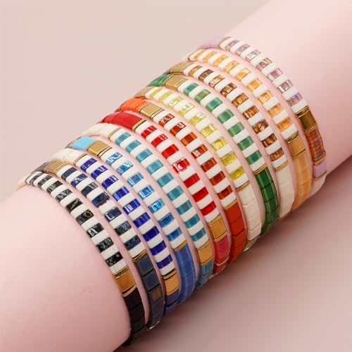 Tila Beaded Stretch Strand Bracelets for Women, Cute Boho Stackable Handmade Colorful Mixed Flat Square Beads Elastic Beach Surfer Bracelet Trendy Jewelry Friend Gift - color: 0901F