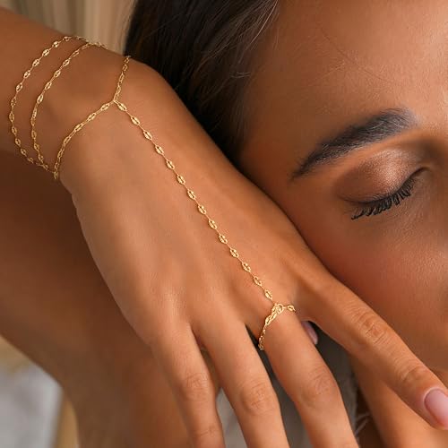 CHESKY 14K Gold Plated Hand Chain Bracelets for Women Set - Dainty Finger Ring Bracelet Stack Adjustable Hand Chains Durable Beaded Bracelets Trendy Simple Body Jewelry Gift for Women - style: 3lips bracelet-gold