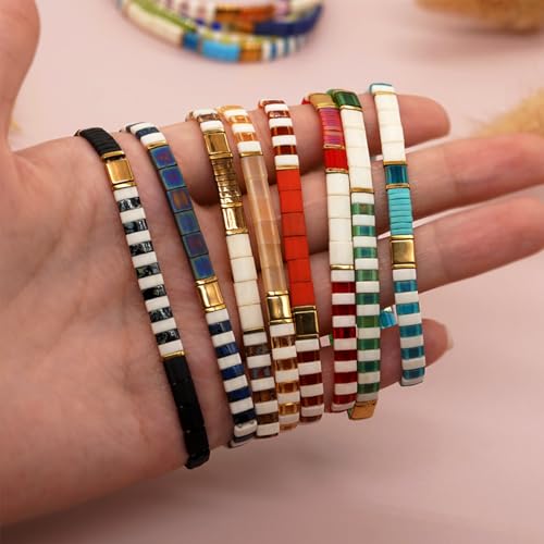 Tila Beaded Stretch Strand Bracelets for Women, Cute Boho Stackable Handmade Colorful Mixed Flat Square Beads Elastic Beach Surfer Bracelet Trendy Jewelry Friend Gift - color: 0901I