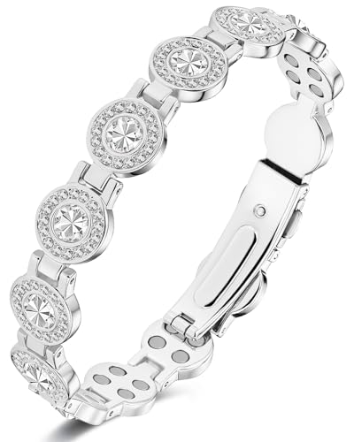 Feraco Pure Copper Bracelets for Women, 4X Ultra Strength Magnetic Bracelet with 3800 Gauss Neodymium Magnets & Dazzling Austrian Cut Crystals Stone, Adjustable Jewelry Gift - style: Sparkle Sphere - Silver