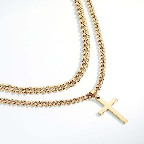 SENRAN Layered Cross Necklace for Men Boys Stainless Steel Layered Cuban Link Chain 16-24 inch Christian Cross Pendant Religious Jewelry Gifts - color: Gold, style: 16inch/18inch
