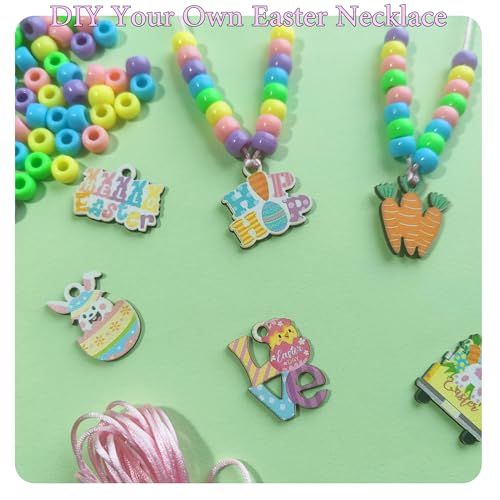 Twelcshyp 24 Sets Easter Beads Necklace Bulk DIY Easter Craft Kit Bunny Chick Egg Carrot Wood Charms Color Pastel Beads for Party Favors Classroom Supplies